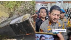 Petugas mengangkat barang bukti mesin ATM dari dalam rawa di Kabupaten Gowa (kiri). Kapolrestabes Makassar, Kombes Pol Arya Perdana, memberikan keterangan pers terkait kasus penjarahan ATM di DPRD Makassar (kanan). Foto: Dok mediasulsel.id
